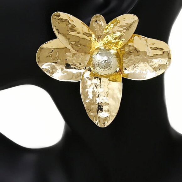 ZARA NEW Orchid Flower Gold Dipped Glam Statement Earrings - Picture 5 of 5